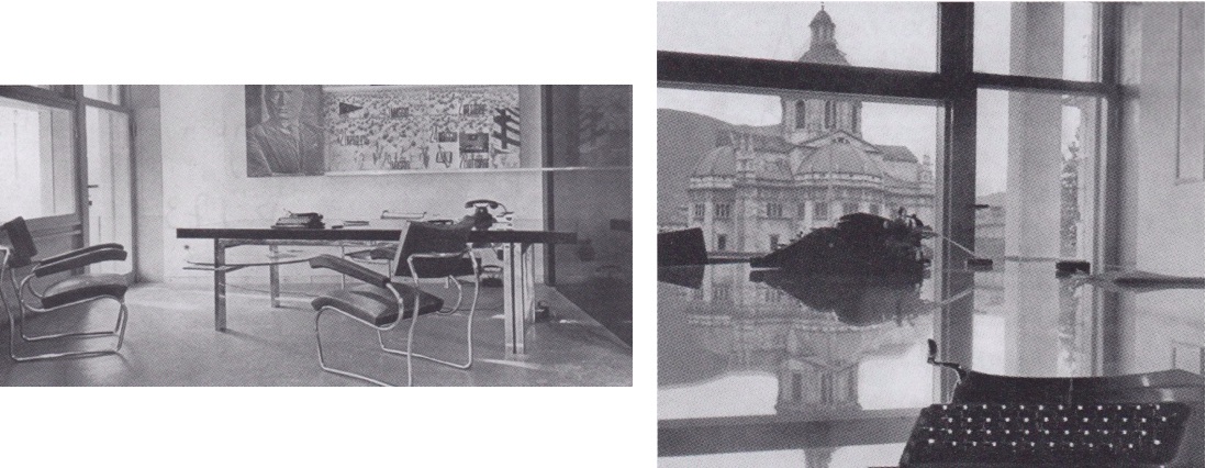 Fig. 9. Casa del Fascio di Como, 1936, la stanza del segretario federale e un particolare con la macchina da scrivere sul tavolo (sullo sfondo il duomo).